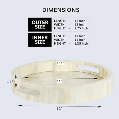Handicrafts Home 12” Round Decorative Tray – White Bone Inlay Marble Ottoman & Coffee Table Tray with Handles, Modern Farmhouse Centerpiece & Living Room Organizer - PuriLite