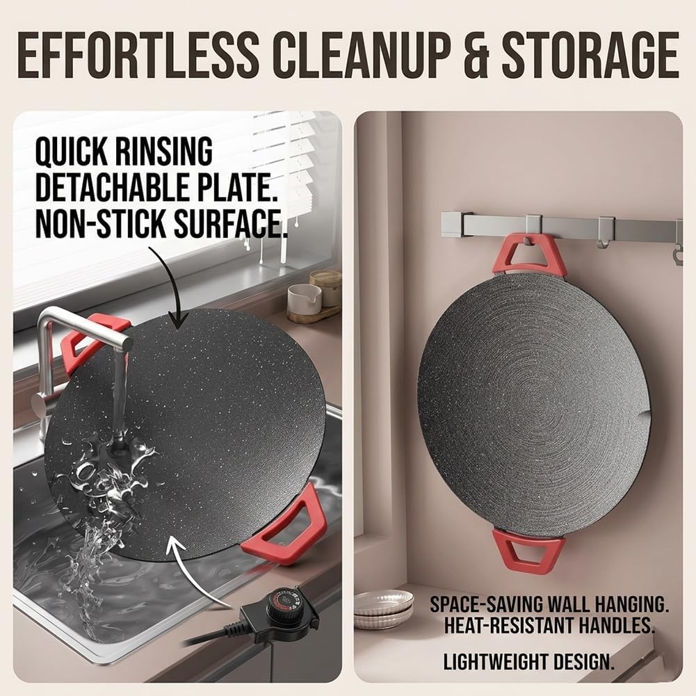 Smokeless Electric Indoor Grill | Nonstick Round Griddle with Adjustable Temperature Control