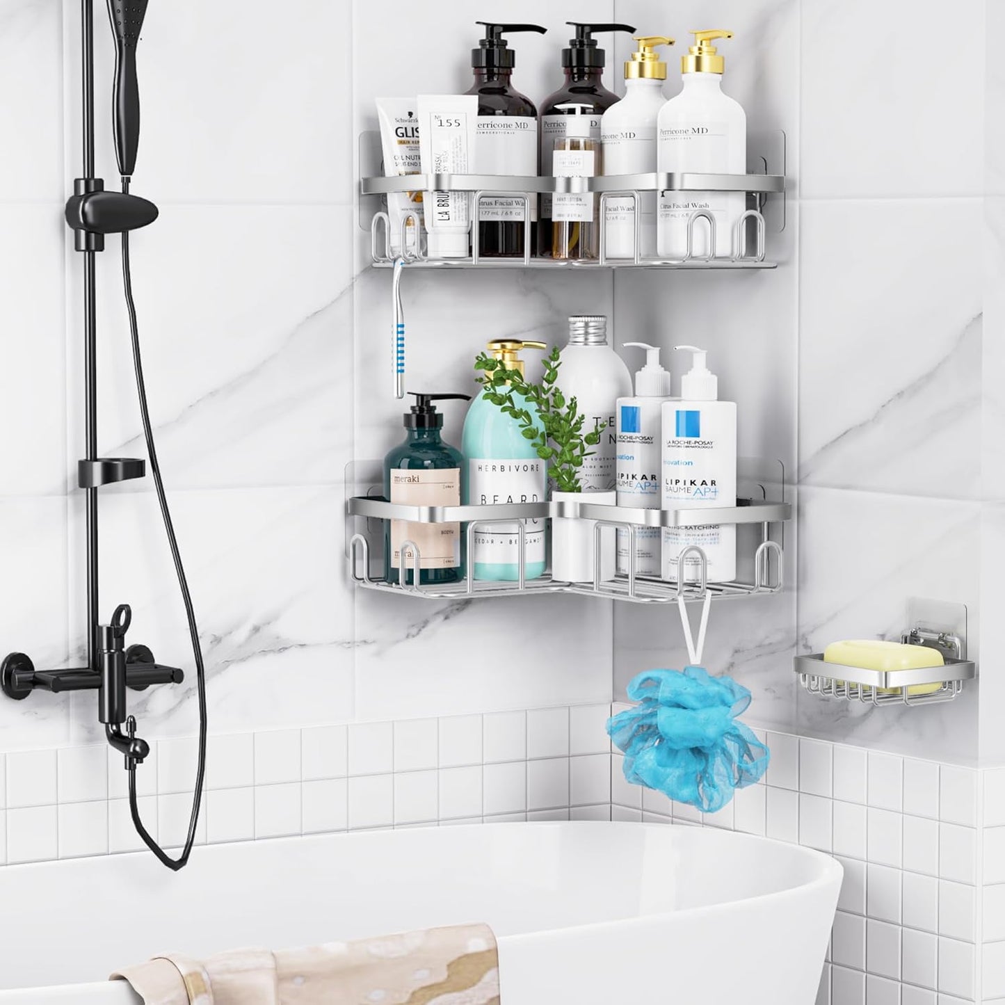 MOFOROCO 3-Pack Shower Caddy Corner Basket Shelf with Soap Holder, No Drilling Traceless Adhesive Shower Wall Shelves, Black Bathroom Shower Storage Organizer（ for 90-Degree Right-Angle Walls）