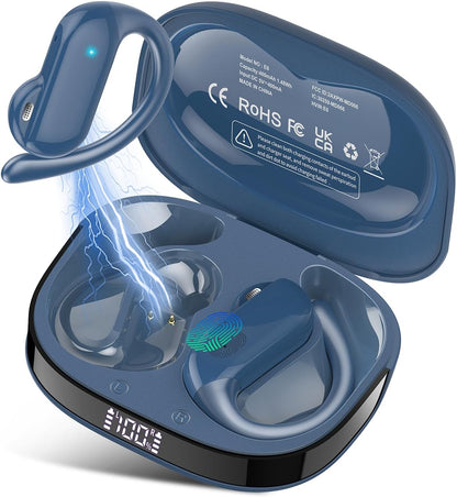 Open Ear Headphones, Bluetooth 5.4 Wireless Earbuds with HD Clear Calls, 32Hrs Immersive Stereo Air Conduction Earphones with Earhooks, LED Display, IPX7 Lightweight Open Ear Buds for Sports Blue