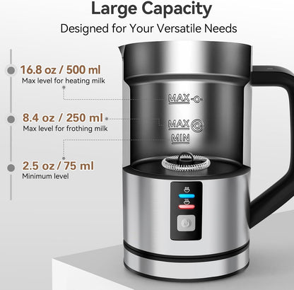 Secura Milk Frother, Electric Milk Steamer Stainless Steel, 16.9oz/500ml Automatic Hot and Cold Foam Maker and Milk Warmer for Latte, Cappuccinos, Macchiato, 120V