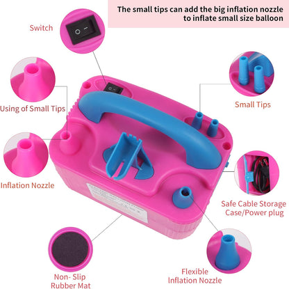Electric Balloon Pump,Balloon Inflator, Dual Nozzle Electric Air Pump,Balloon Pump Balloons Blower 110V 600W for Party Decoration with Gifts:2 Balloon Tying Tools (Rose red)