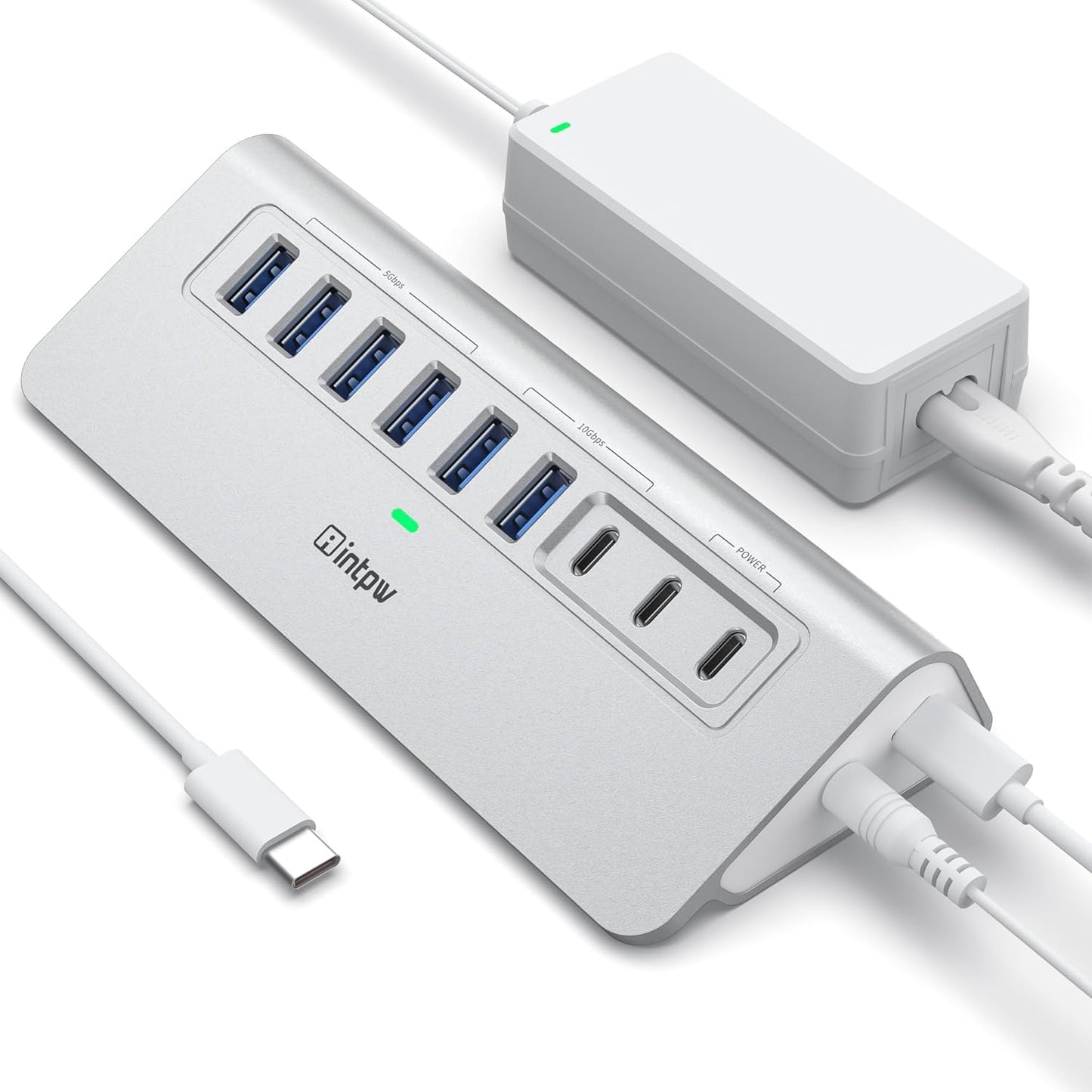 Powered USB Hub, Intpw 9-Port USB 3.2/USB C Hub with 10Gbps, 5*USB 3.0 + 45W PD Charging Ports, 3.3FT Cable and 65W Power Adapter, Aluminum USB Extender Hub for iphone16/ipad/Macbook/Laptop,PC