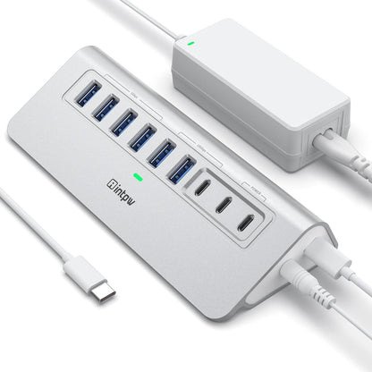 Powered USB Hub, Intpw 9-Port USB 3.2/USB C Hub with 10Gbps, 5*USB 3.0 + 45W PD Charging Ports, 3.3FT Cable and 65W Power Adapter, Aluminum USB Extender Hub for iphone16/ipad/Macbook/Laptop,PC
