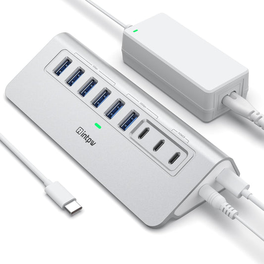 Powered USB Hub, Intpw 9-Port USB 3.2/USB C Hub with 10Gbps, 5*USB 3.0 + 45W PD Charging Ports, 3.3FT Cable and 65W Power Adapter, Aluminum USB Extender Hub for iphone16/ipad/Macbook/Laptop,PC