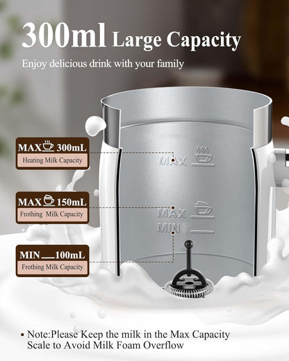 Milk Frother Electric Steamer: 4-in-1 Automatic Magnetic Foamer with Hot Foam Cold Froth for Cappuccino Latte Matcha - 250ml Large Capacity Milk Warmer Chocolate Heater Stainless Steel