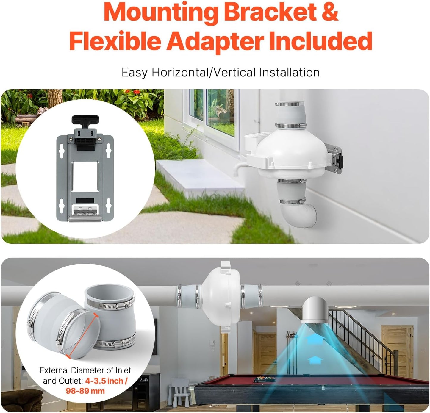 VEVOR 4 to 4.5 inch Radon Mitigation Fan System, Quiet 260 CFM Radon Mitigation Kit with 2 Couplers, Waterproof Radon Fan Electric Inline Duct Fan Exhaust Fan for Indoor Outdoor Ventilation