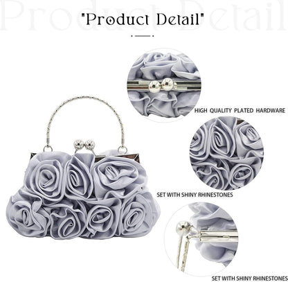 JAMBHALA Women Evening Clutch Bag Floral Satin Purses with Detachable Strap for Wedding, Party, Prom