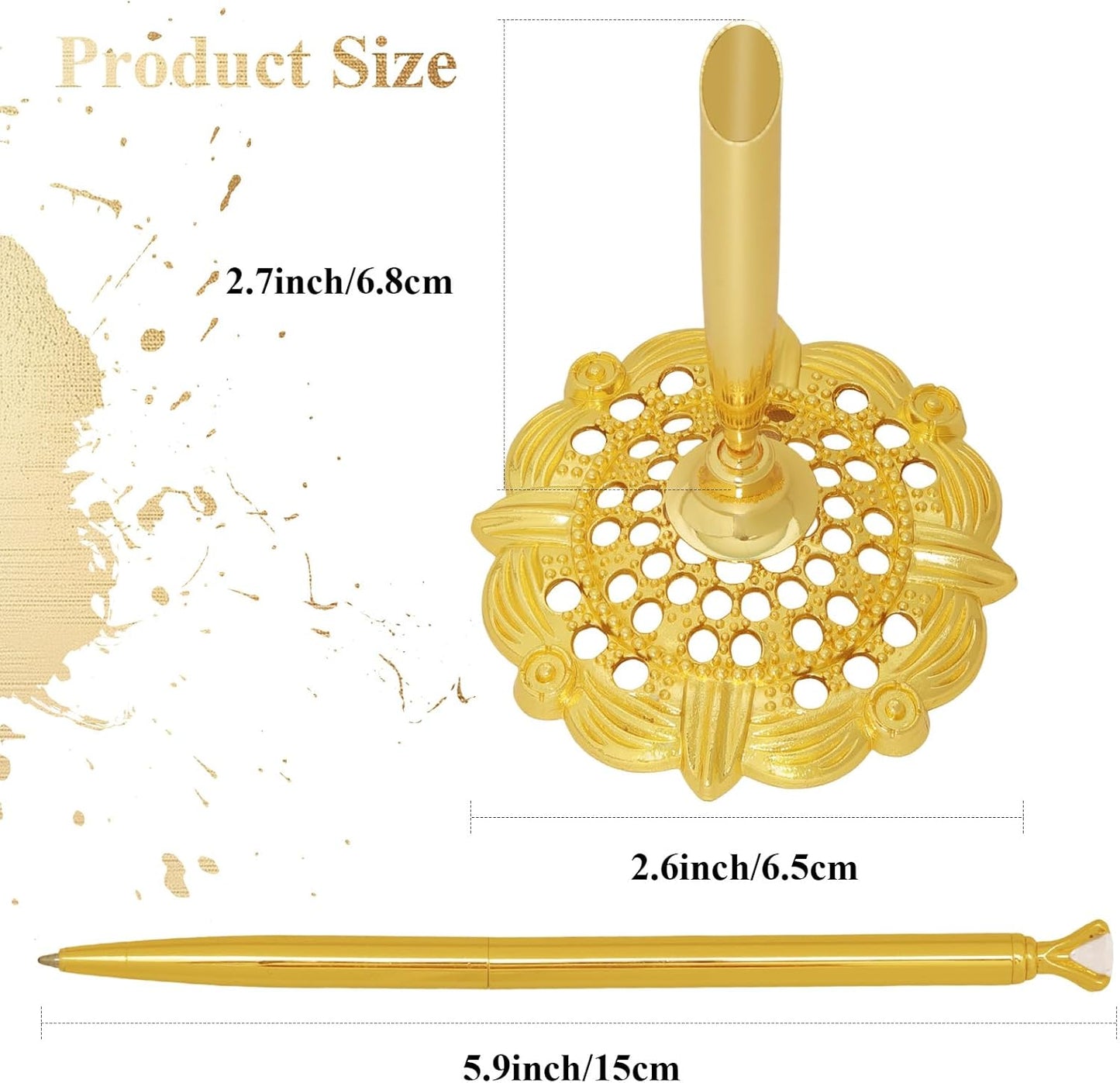 Bcxfbxd 2 Pcs Hollow Round Pen Holder with Diamond Metal Pen Stand Holder Set Signing Pen Set Signing Desk Ballpoint Pens for Guest Book Wedding Birthday Graduation Teacher Office Business (Gold)