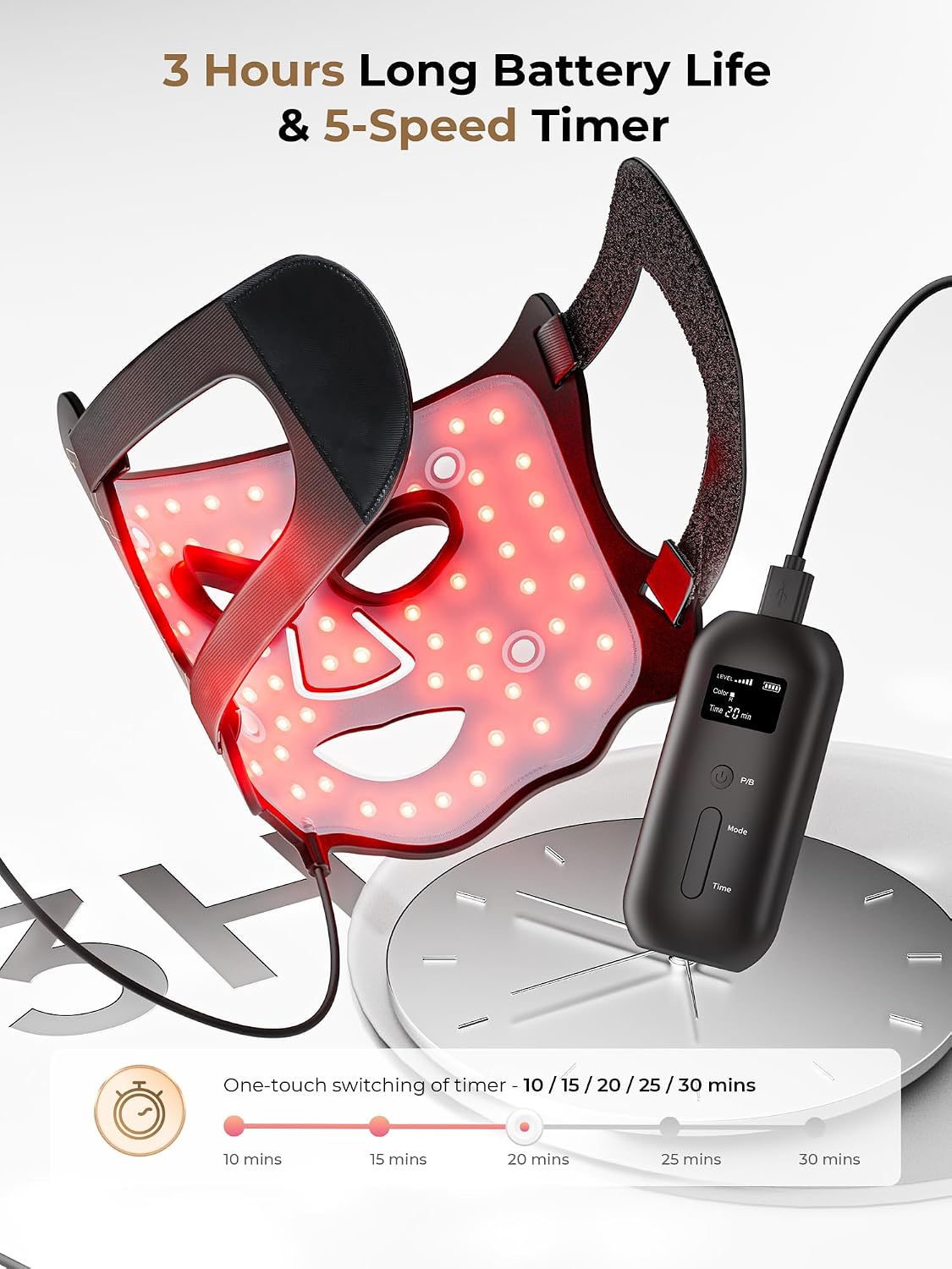 LED Light Therapy Mask (E106A) for Face with high-frequency laser, LED Light Therapy Mask with Adjustable Brightness and Timer, Soft Silicone Red Light Therapy Mask for Wrinkle & Acne Treatment Home & Travel, Black