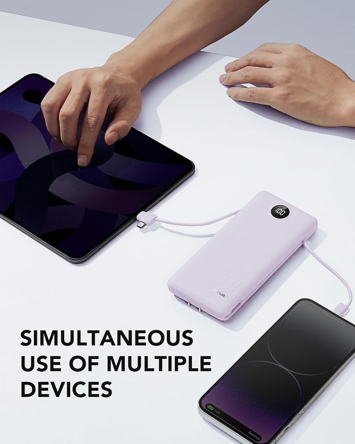 Portable Charger for iPhone, 10000mAh Power Bank with Built-in Cables & AC Wall Plug, USB C Phone Charger 5 Output External Battery Pack Compatible with iPhone Samsung Google Pixel Android -White