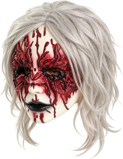 Scary Halloween Bloody Zombie Mask with White Wig for Women