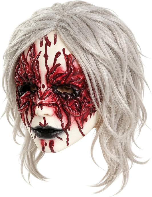 Scary Halloween Bloody Zombie Mask with White Wig for Women