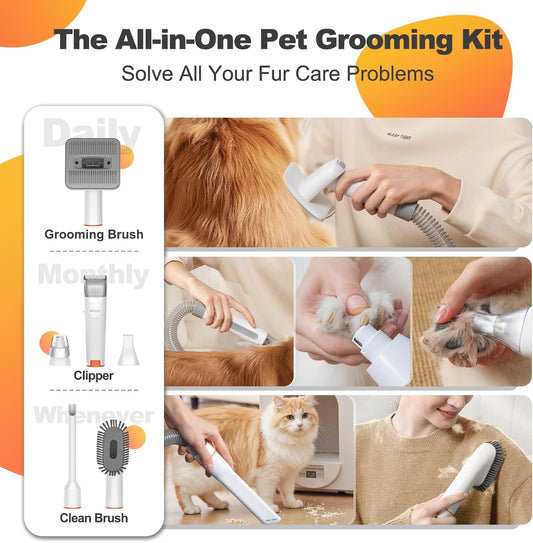 Afloia Dog Grooming Kit, Pet Grooming Vacuum & Dog Clippers Nail Trimmer Grinder & Dogs Brush for Shedding with 6 Pets Groom Tools, Low Noise Dogs Hair Remover Pets Supplies (White) - PuriLite