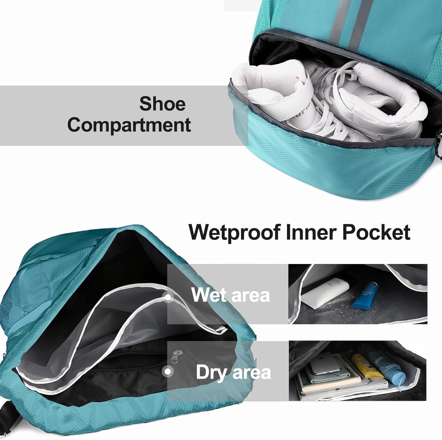Hoedia Sports Drawstring Backpack - String Swim Gym Bag with Shoes Compartment and Wet Proof Pocket for Women/Men
