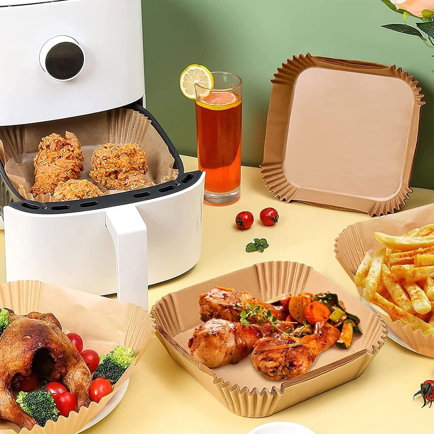 GOFFUGT Air Fryer Disposable Paper Liner,100PCS Round Airfryer Paper Liners,9" Natural Parchment Paper for Air Fryer Oil-Proof Water-Proof,Food Grade Parchment for AirFryer,Steamer,Microwave Etc