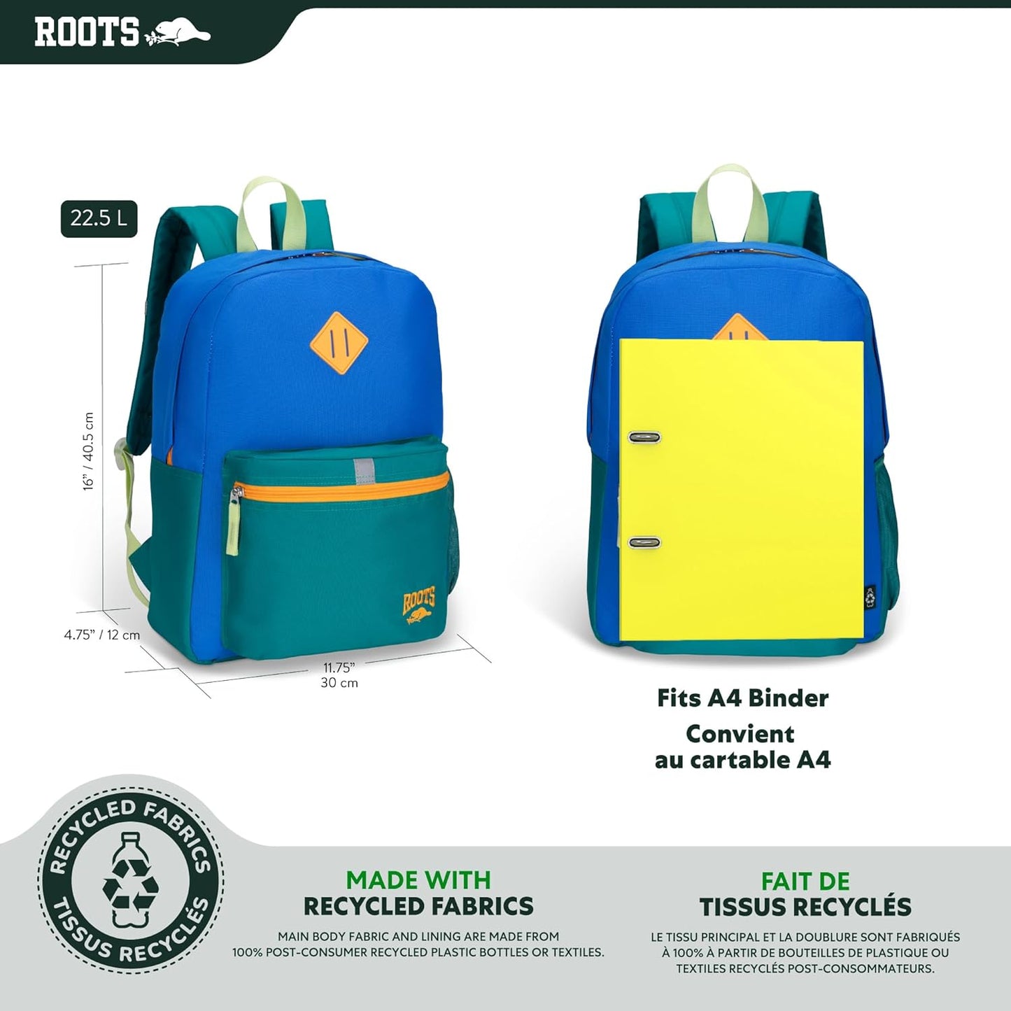 Roots Kids Lightweight Backpack — Made from 100% Recycled Fabrics with Rain Flap, Bottle Pocket, Reflective Accent, and Back Padding — 22.5 litres, Pink & Purple