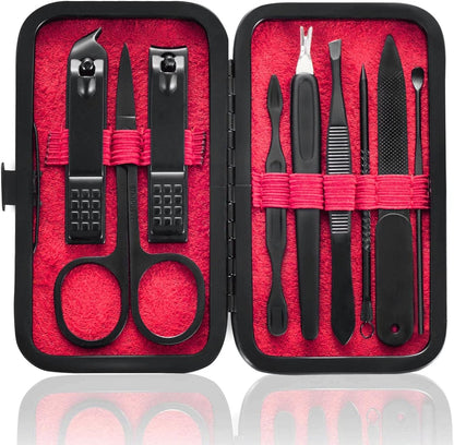 Manicure Set 9 in 1 Stainless Steel, Nail Clippers Scissors Pedicure Tools Kit - Portable Travel Grooming Kit for Men and Women with Black/Red Leather Case (Blue)