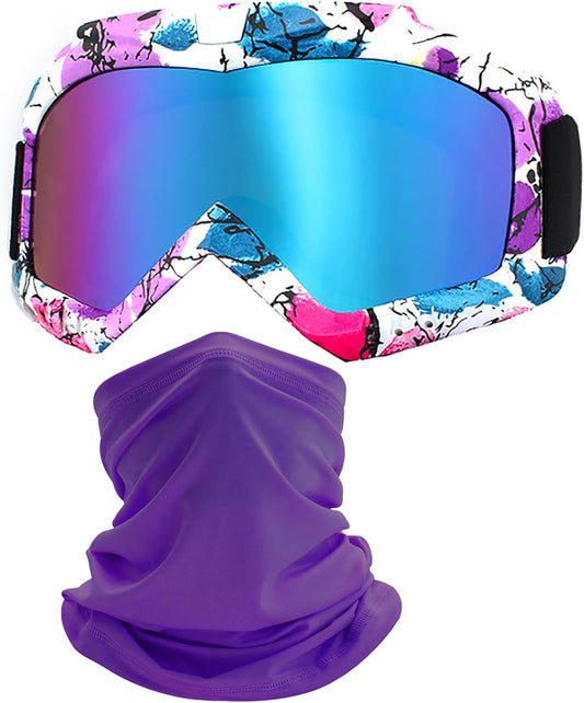 immoono Motorcycle Skiing Goggles with Neck Gaiter for Women Girls, OTG Anti UV Fog ATV Dirt Bike Motocross Riding Glasses