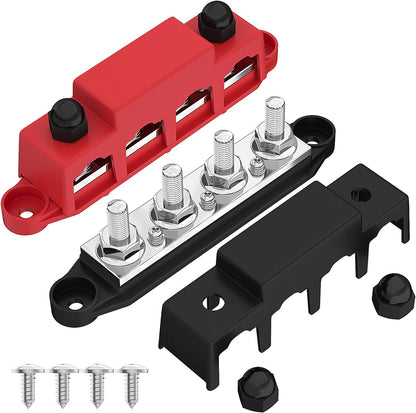 Joinfworld Bus Bar 12V 250A Power Distribution Block with 4 x 3/8" Studs 12 Volt Marine Battery Busbar Terminal Block with Cover - Negative&Positive