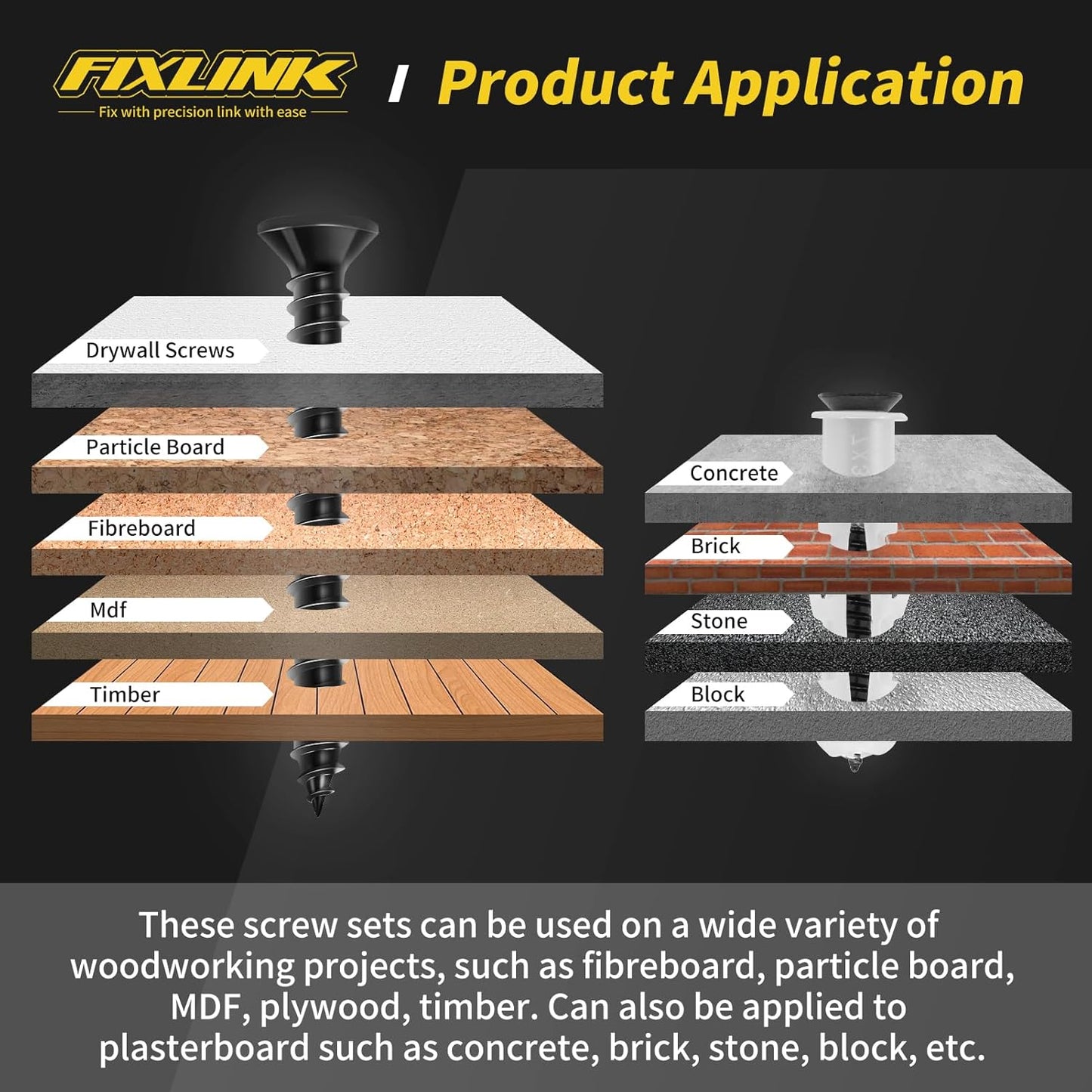 Wood Screws Assortment Kit, FIXLINK 240 PCS High Hardness Flat Head Wood Screws Set, Phillips Drive Screws, Contain 15PC Drywall Anchor and 8 Size (2-1/2”,2”,1-1/2”,1-1/4”,1”,3/4”,5/8”,1/2”), Black