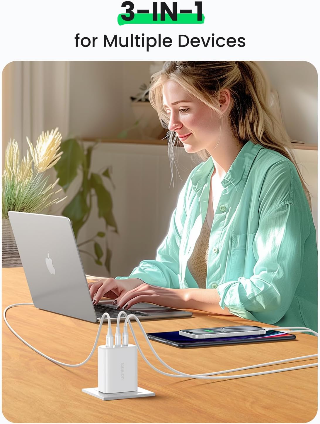 UGREEN 65W USB Type C Wall Charger 3-Port Block Fast PPS Compatible with MacBook Pro/Air, iPad Pro/Air, iPhone 16/15/14/13/12 Pro Max, Galaxy S25 S24 S23, S22, Steam Deck and More