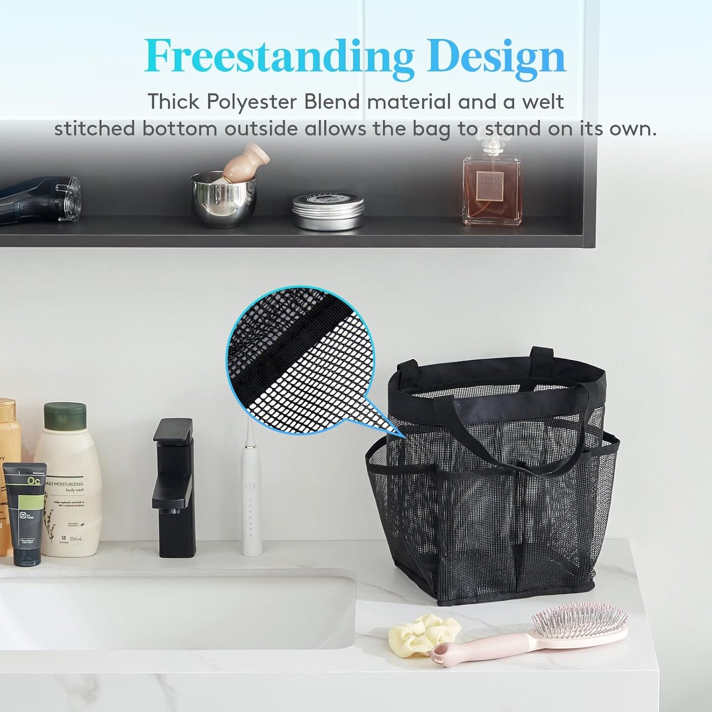 Lifewit Mesh Shower Caddy Freestanding Portable Shower Tote Bag for College Dorm, Bathroom, Gym, Travel, Quick Dry Hanging Shower Organizer with 7 Storage Pockets for Toiletry Essentials, Medium,Black