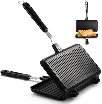 SOUJOY Sandwich Maker, Non-stick Grill Panini Maker Pan with Handle, Stovetop Toasted Aluminum Flip Pan Indoor Outdoor Camping Home Kitchen Breakfast
