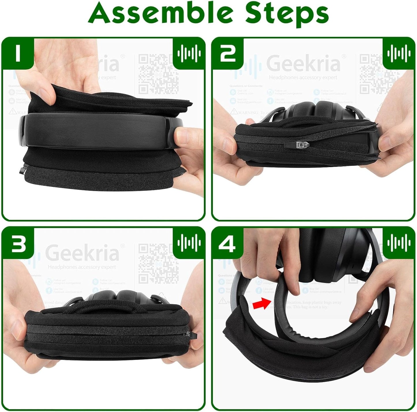 Geekria Hook and Loop Headband Cover + Pad Set, Protector with Zipper Closure Compatible with Medium Sized Headphones, Easy DIY Installation (Protein Leather/Black)