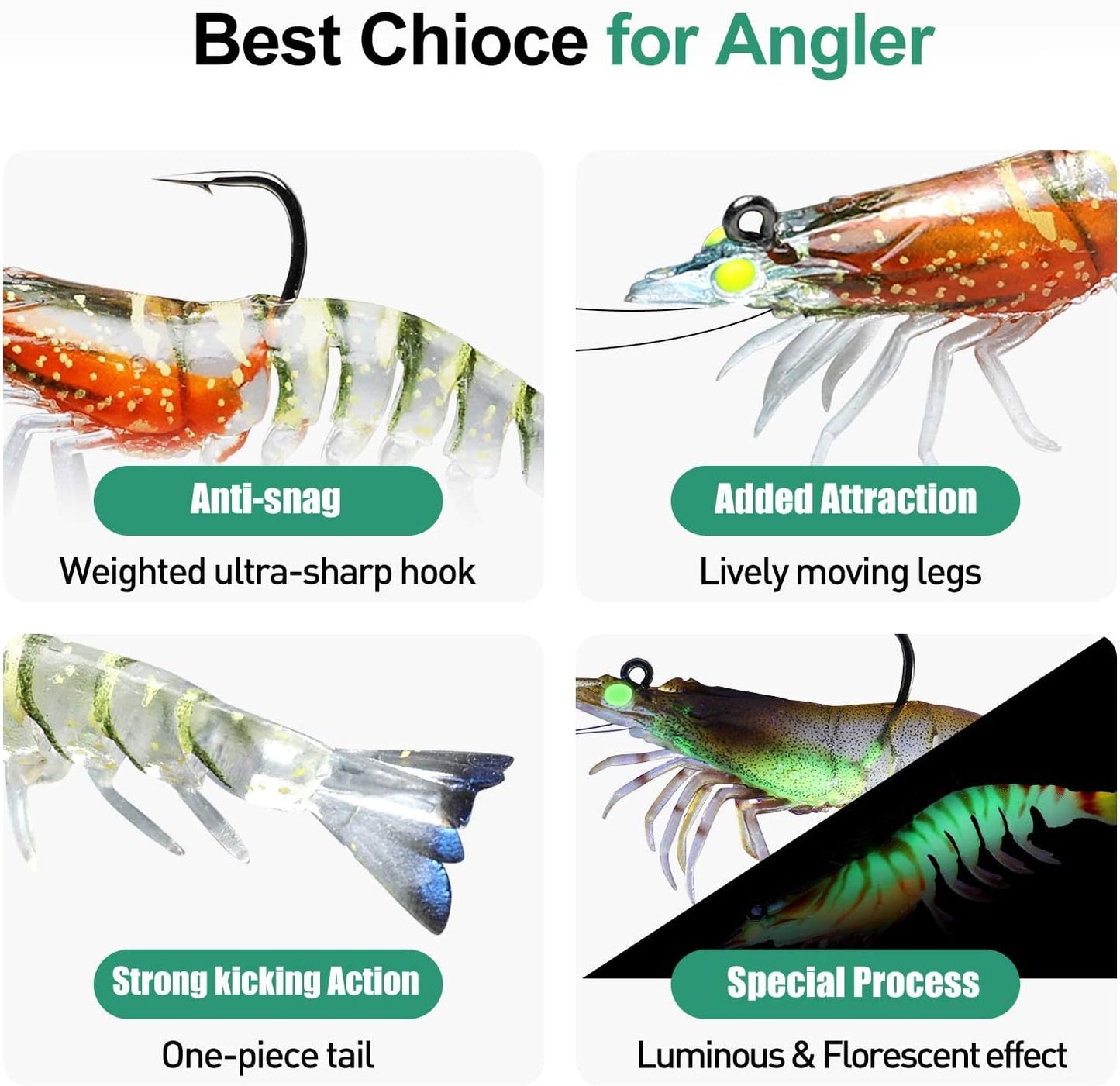 TRUSCEND Pre-rigged Fishing Jig Lures for Freshwater and Saltwater, Innovative Super Durable TPE Bass Lures, Lifelike Shrimp Crayfish Swimbait, Weedless Lure for Crappie Trout Walleye, Keep Separately