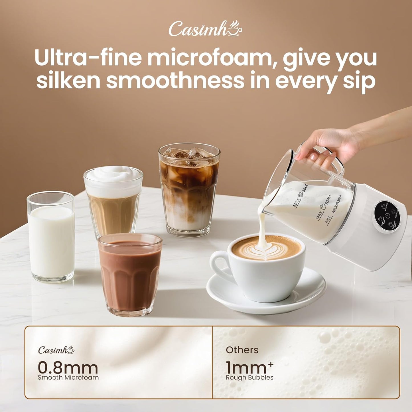 Casimhu 4-in-1 Milk Frother, Electric Milk Frother and Steamer with LED Touch Screen, Non-stick Bottom, Milk Warmer 13.52oz for Lattes, Cappuccinos, and Macchiatos at Home, White