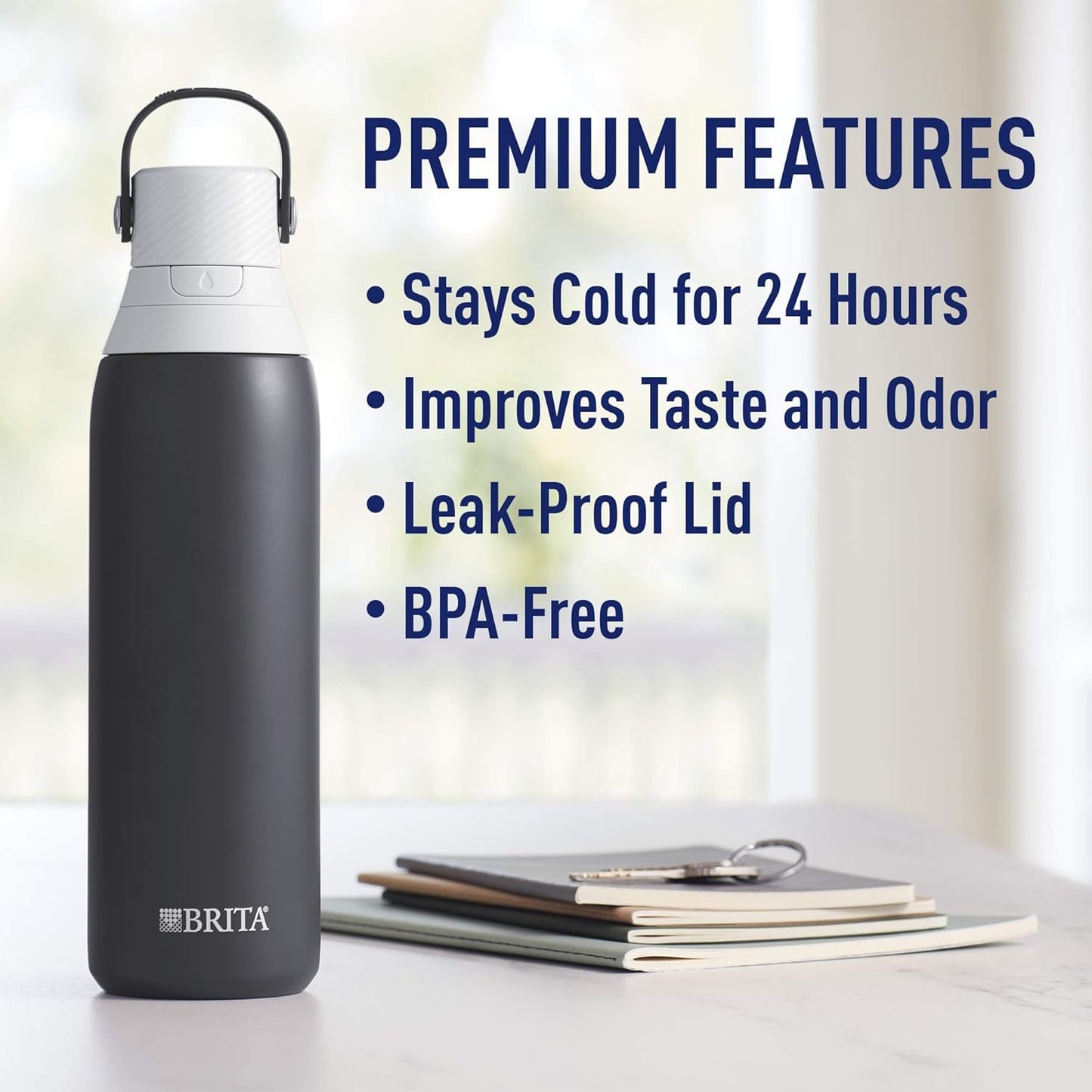 BRITA Stainless Steel Water Bottle with Filter, 591 mL Premium Double Insulated Water Bottle, Rose