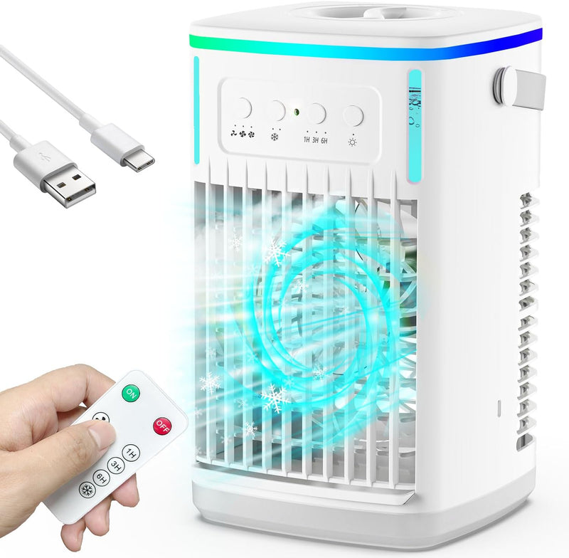 Portable Air Conditioners Fan with Remote, 4-in-1 Portable AC with 1500ml Water Tank, 3 Wind Speeds, 6H Timer, 2 Cool Mist, 7 Lights, Personal Mini Air Conditioner for Room Bedroom Office (Black)