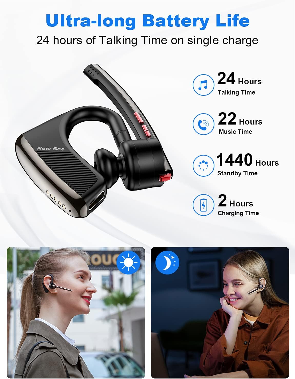 Bluetooth Headset V5.2 New Bee Bluetooth Earpiece CVC8.0 Dual Mic Noise Cancelling Wireless Handsfree 24Hrs Talktime Driving Headset with Mic Mute for iPhone Android Smartphone Business Office