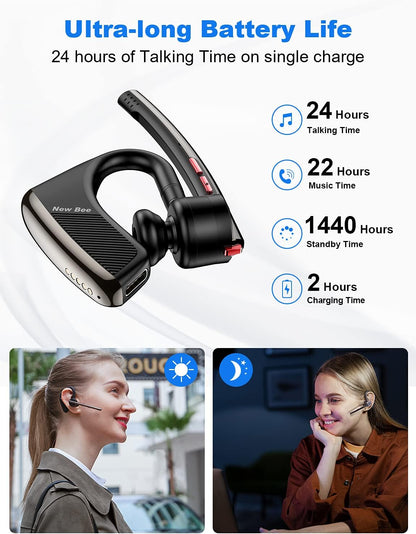 Bluetooth Headset V5.2 New Bee Bluetooth Earpiece CVC8.0 Dual Mic Noise Cancelling Wireless Handsfree 24Hrs Talktime Driving Headset with Mic Mute for iPhone Android Smartphone Business Office