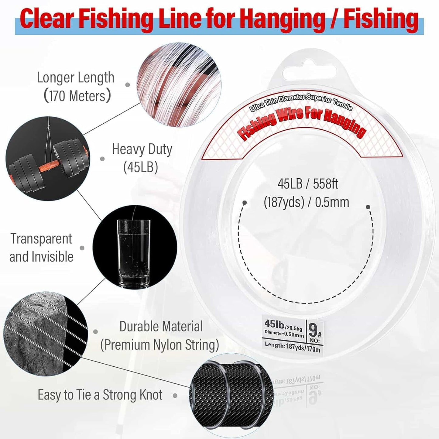 Clear Fishing Wire, Acejoz 656FT Fishing Line Clear Invisible Hanging Wire Strong Nylon String Supports 40 Pounds for Balloon Garland Hanging Decorations
