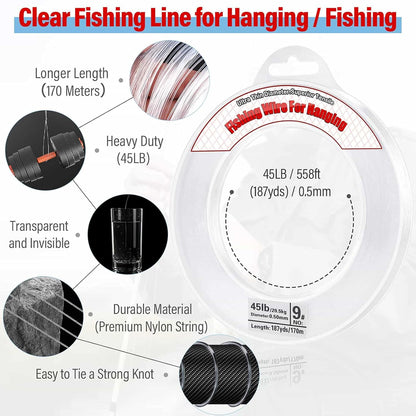 Clear Fishing Wire, Acejoz 656FT Fishing Line Clear Invisible Hanging Wire Strong Nylon String Supports 40 Pounds for Balloon Garland Hanging Decorations