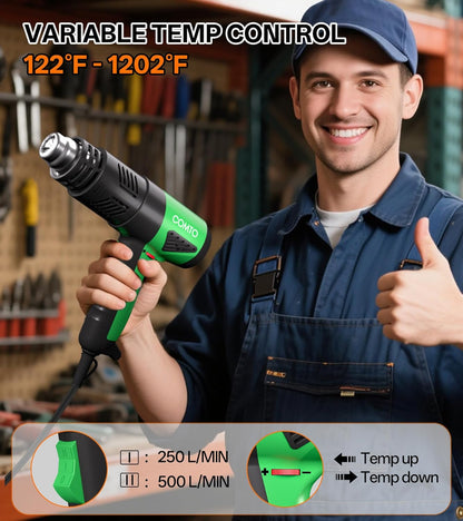 Heat Gun, 1800W Variable Temperature Hot Air Gun with 4 Nozzles | 122°F–1202°F Variable Temperature Control, 4 Metal Nozzles, Retractable Heat Shield, Overheat Protection, PA66 Housing