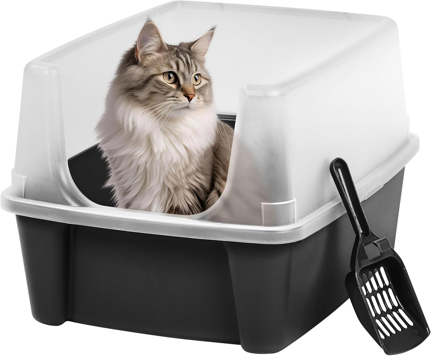 IRIS USA Top Entry Cat Litter Box with Scoop - Large - Stylish Enclosed Round Oval Kitty Dog Proof Box, Litiere Pour Chat Bac - White/Beige