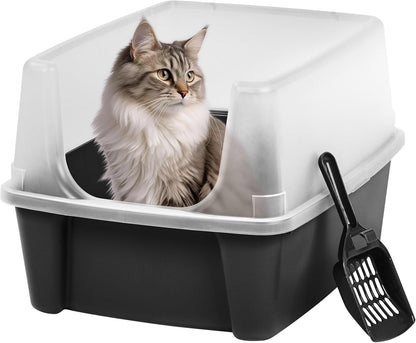 IRIS USA Top Entry Cat Litter Box with Scoop - Large - Stylish Enclosed Round Oval Kitty Dog Proof Box, Litiere Pour Chat Bac - White/Beige