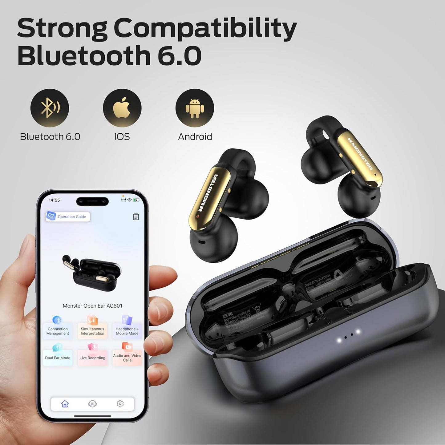 Monster AI Translation Earbuds Open AC601, 3-in-1 Translator Wireless Earbuds, Bluetooth 6.0 Open Earbuds with 115 Languages Translation, Real-Time AI & Touch Control Wireless Headphone