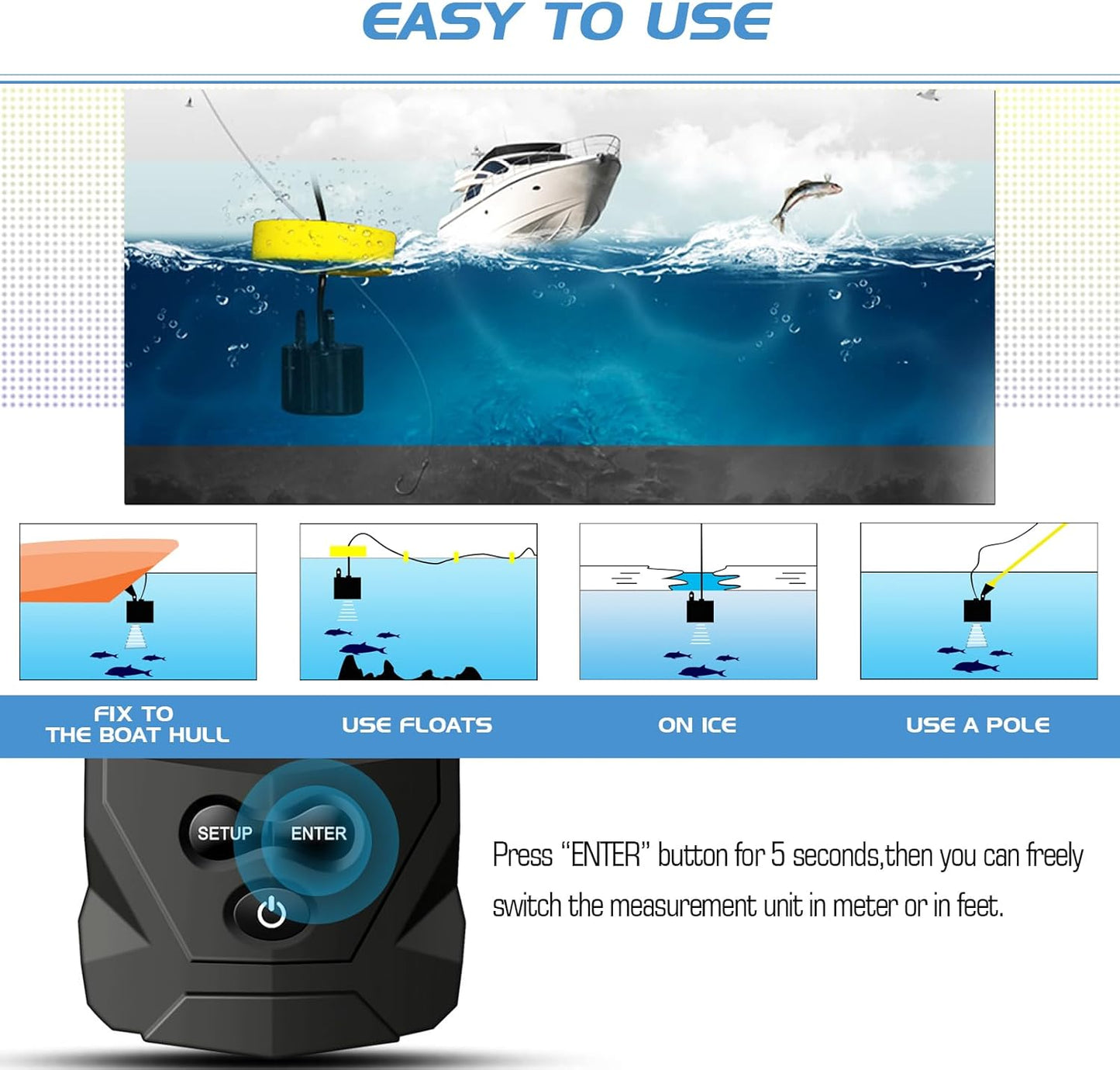 Atibin Portable Water Fish Finder Transducer Wired Handheld Depth Finder Sonar LCD Display Fish Finders Kayak FF068