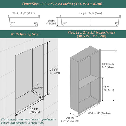 BLYLUND Shower Niche 12" x 24" NO Tile Needed,Matte Black Double Shelf Organizer, Square Corners Wall-Inserted Niche Recessed Shower Shelf Modern Soap Niche for Bathroom