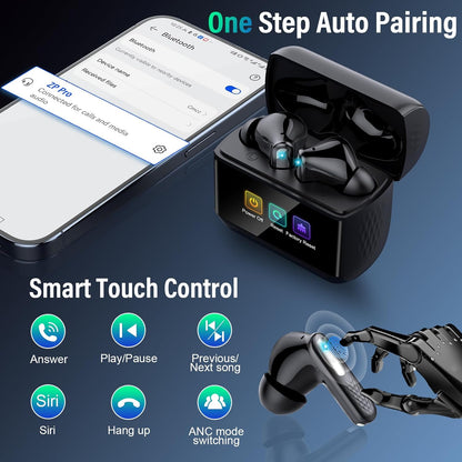 Wireless Earbuds, 2025 New Bluetooth 5.4 Ear Buds with Multifunctional Touch Screen, Bass Stereo Sound, ANC/ENC Noise-Canceling MIC, IPX7 Waterproof, 48H Bluetooth Earphones with 5 EQ Modes, Black