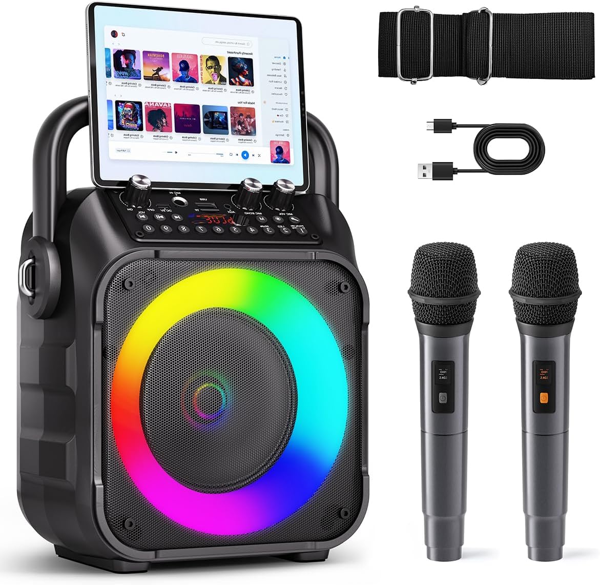 Karaoke Machine for Adults Kids, Portable Bluetooth Karaoke Speaker with 2 Wireless Microphones System with Lights, PA System for Home Party Supports USB/TF/REC/FM/AUX(No Screen Included)