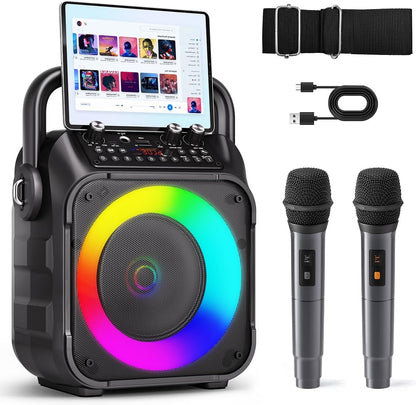 Karaoke Machine for Adults Kids, Portable Bluetooth Karaoke Speaker with 2 Wireless Microphones System with Lights, PA System for Home Party Supports USB/TF/REC/FM/AUX(No Screen Included)