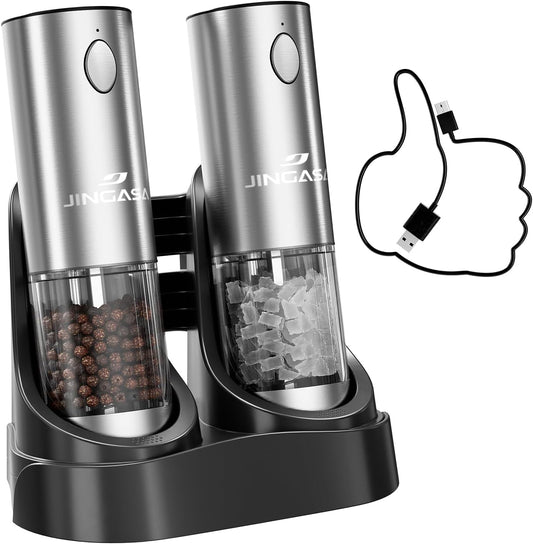 [Upgraded Larger Capacity] Electric Salt and Pepper Grinder Set with USB Charging Base, 95ml Large Capacity, Adjustable Coarseness,Stainless Steel Automatic Pepper Mill (Upgraded Capacity-A) - PuriLite