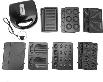 8 in 1 Electric Sandwich Maker, Panini Press Grill and Waffle Iron Set with 7 Pairs Removable Non Stick Plates Multifunction Automatic Temperature Control Donut Maker