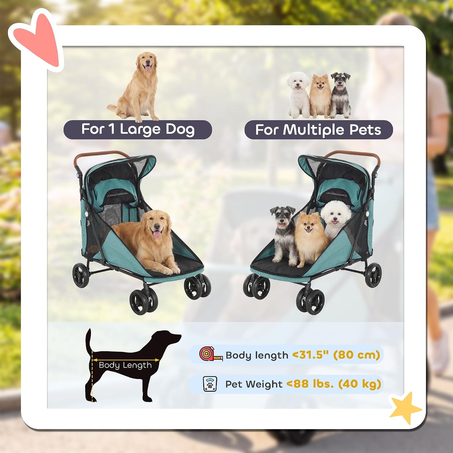 PawHut Dog Stroller for Large Dogs Up to 66 lbs Easy Fold Cart Turquoise | 4-Wheel Shock Absorption, One-Foot Brake, All Terrain Wagon Cart, Air Mesh