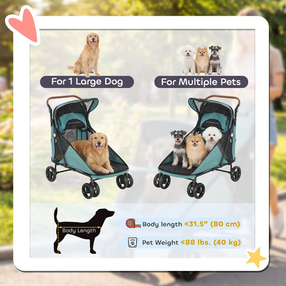 PawHut Dog Stroller for Large Dogs Up to 66 lbs Easy Fold Cart Turquoise | 4-Wheel Shock Absorption, One-Foot Brake, All Terrain Wagon Cart, Air Mesh